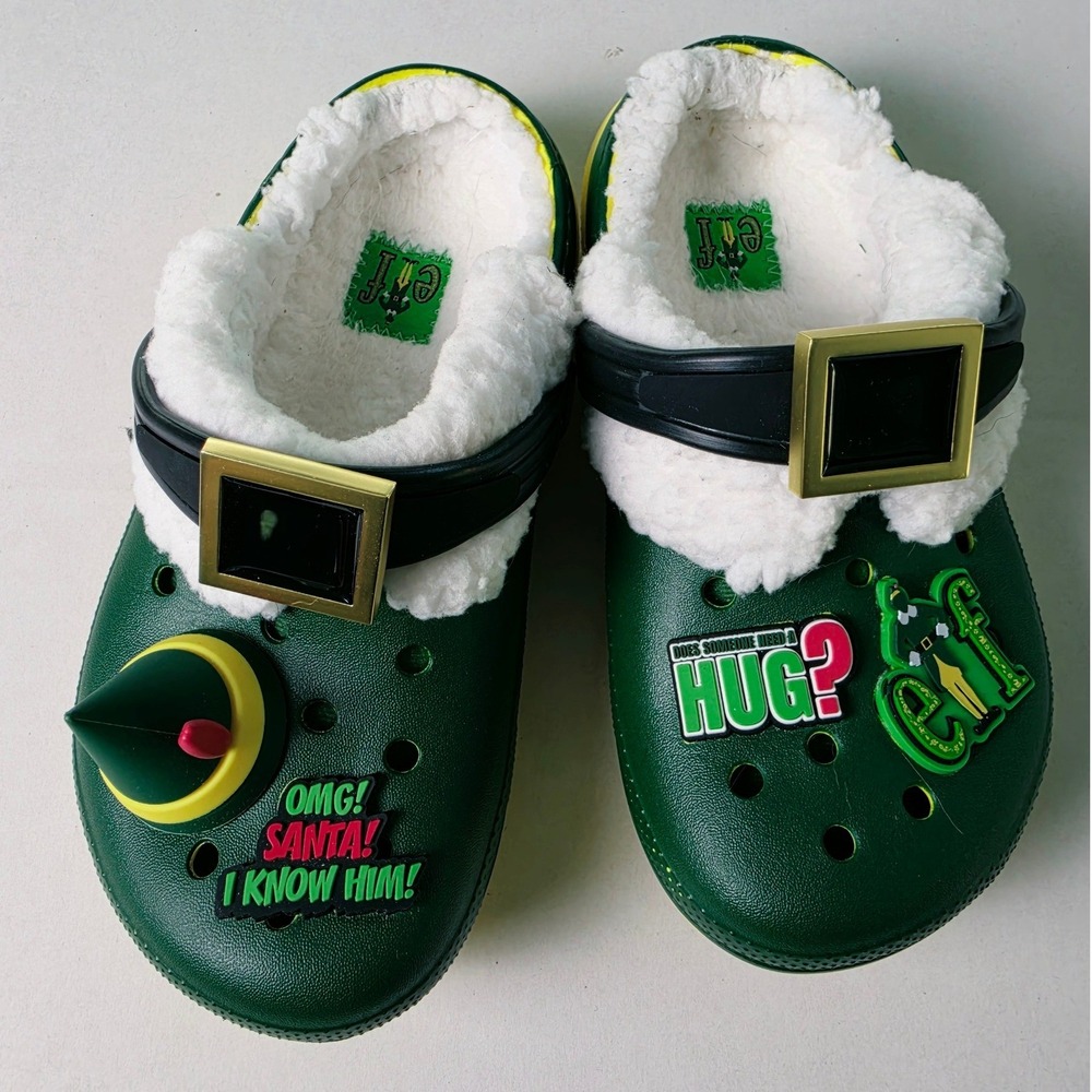 Crocs Kids Classic Lined Elf Clogs Green Yellow Buddy the Elf Holiday Shoes C12